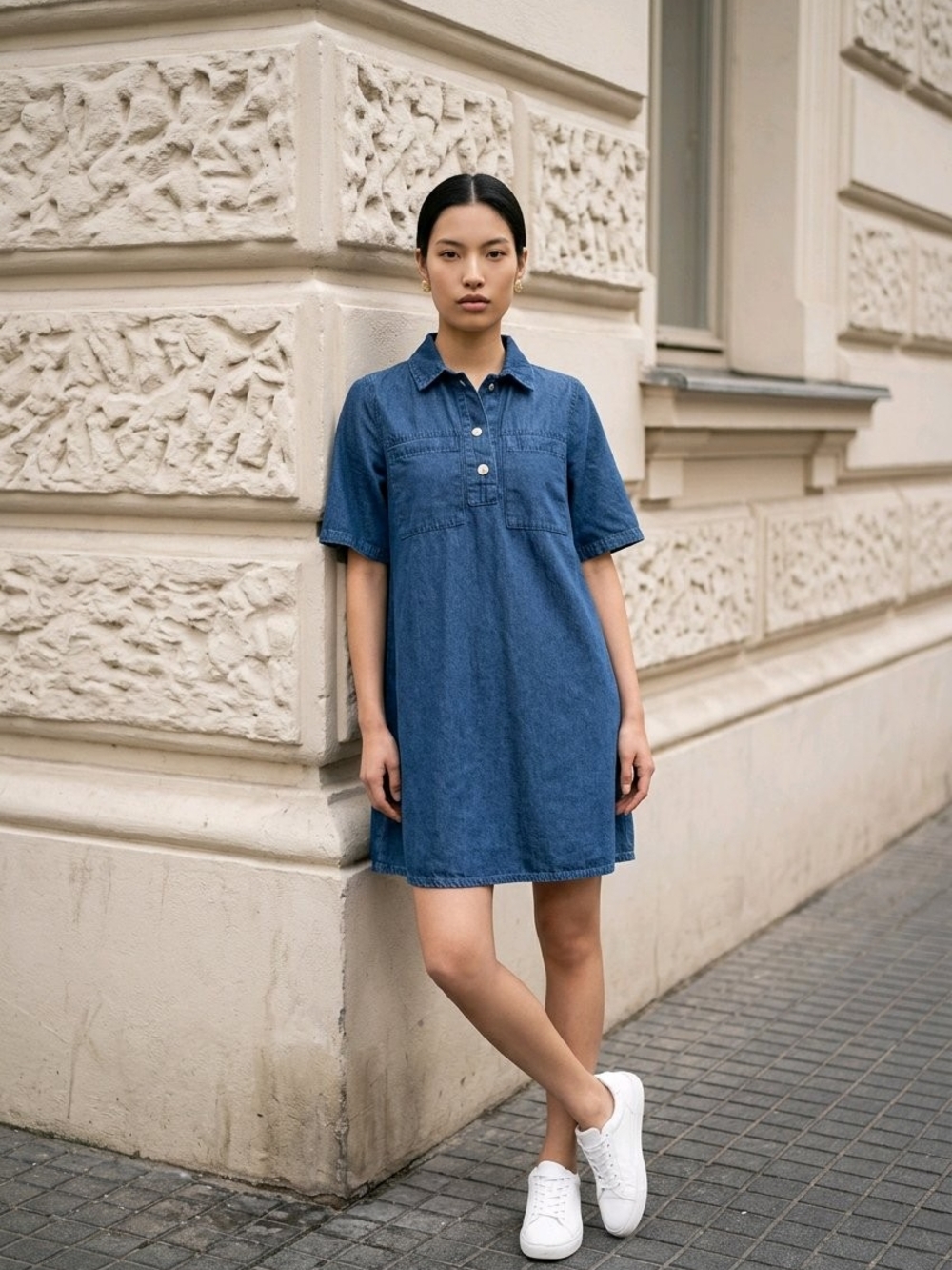 Casual Denim Polo Mini Dress